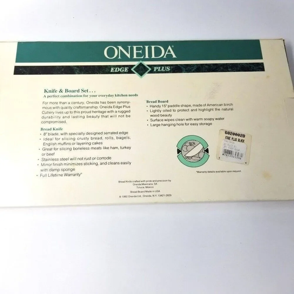 Vintage 1992 Cheese Cutting Board Oneida Edge Knife Stainless Steel Kitchen Set